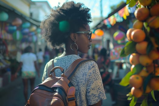 A woman wearing a hat and carrying a backpack is standing next to a display of Valencia oranges and tangerines at a citrusthemed event showcasing natural foods
