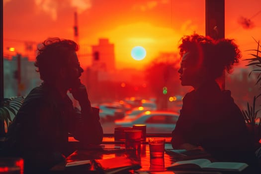 A couple sits at a table gazes into each others eyes as the sky turns orange during sunset, creating a picturesque moment of warmth and love