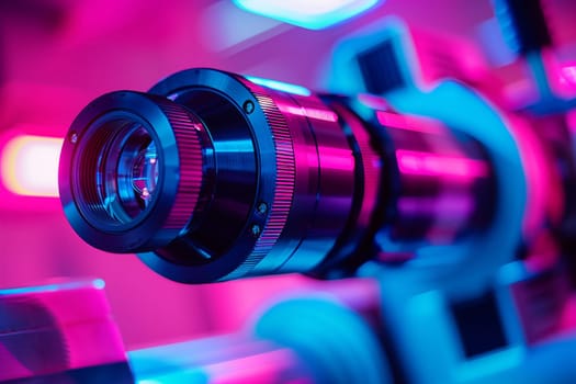 A close up of a camera lens with vibrant purple and electric blue lights in the background, creating a stunning visual effect for entertainment events