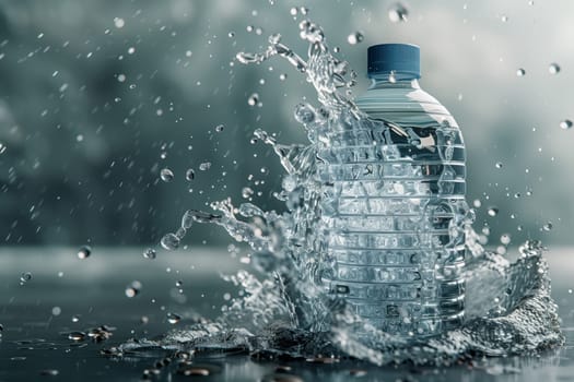 A bottle of liquid is spilling onto a table, creating a splash. The water cascades like a waterfall, creating a refreshing scene in a city landscape