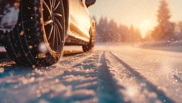 A vehicle equipped with automotive tires is driving down an asphalt road surface covered in snow at sunset, illuminated by automotive lighting