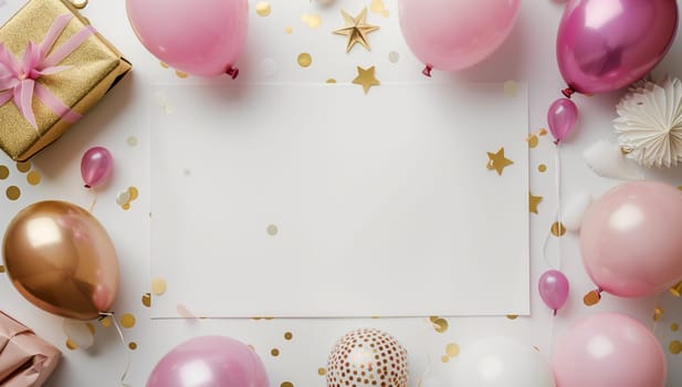 White background adorned with a selection of pink and magenta balloons, gifts, and confetti. A beautiful display of party supplies for any event