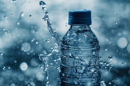 A plastic bottle filled with liquid is soaring through the air, its contents splashing in all directions. The drinkware contains refreshing drinking water, possibly mineral or bottled