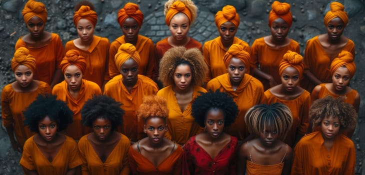 A team of women wearing traditional orange turbans and clothes are standing together, sharing their cultural tradition at a festive event