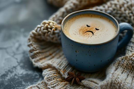 A coffee cup with a drawn sad face, filled with singleorigin Java coffee, sits on the table as a symbol of morning melancholy