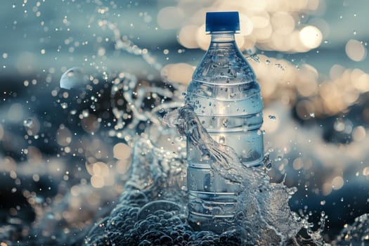 A plastic bottle of electric blue liquid, known as drinking water, is splashing on a rock in the natural world