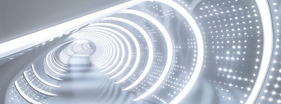 A tunnel from the future adorned with electric blue lights in a spiral pattern, reminiscent of macro photography, showcasing automotive tire and wheel systems