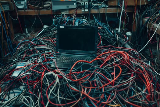 A laptop computer is placed on a stack of cables, amidst circuit components and electrical wiring. This setup resembles a blend of engineering and computer hardware technology