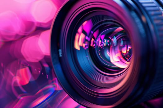 Vibrant purple background sets the stage for a closeup of a camera lens, capturing the beauty of colorfulness and art in photography