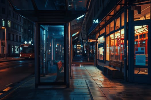 In the darkness of the city night, a bus stop with a phone booth stands in symmetry on the street. The electric blue tints and shades reflect off the glass facade of the building