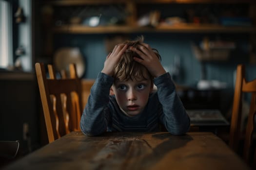 The young boy is sitting at a hardwood table with his hands resting on his head in a dark room. He looks like hes having fun playing a PC game