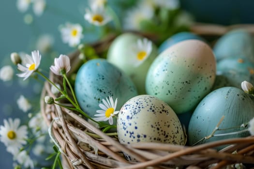 A lovely arrangement of Easter eggs and daisies in a basket, placed on a table as a beautiful centerpiece