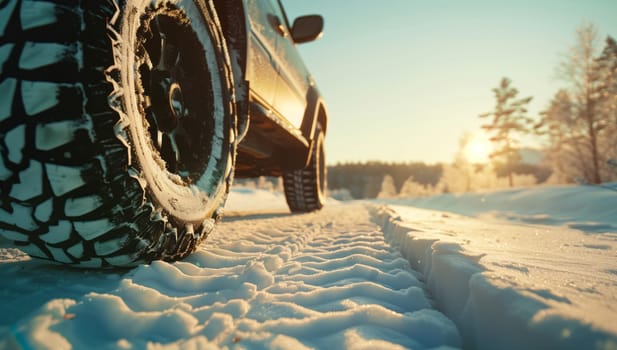 A motor vehicle with automotive tires is navigating through the snowcovered road, surrounded by trees and a cloudy sky