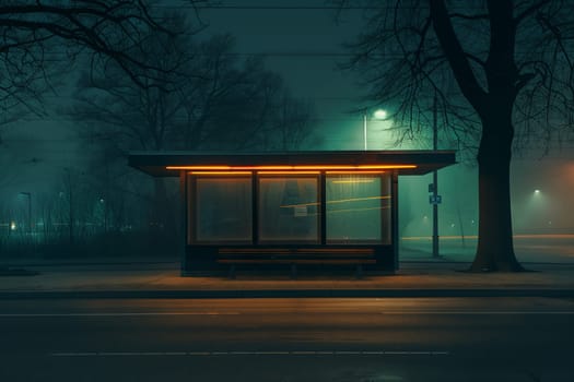 Amidst the foggy streets at midnight, a bus stop stands as a rectangle of shade under a tree, illuminated by automotive lighting. The sky tinted with shades of gas and wood