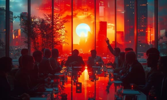 A group of people are gathered at a table by the magenta window, enjoying the orange sky and city buildings. They seek entertainment despite the heat outside