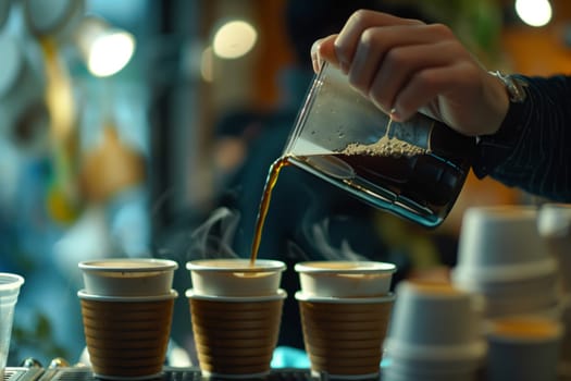 A person is pouring liquid into three cups using a light grip with their fingers and thumbs. The drinkware and serveware on the table are glass cups