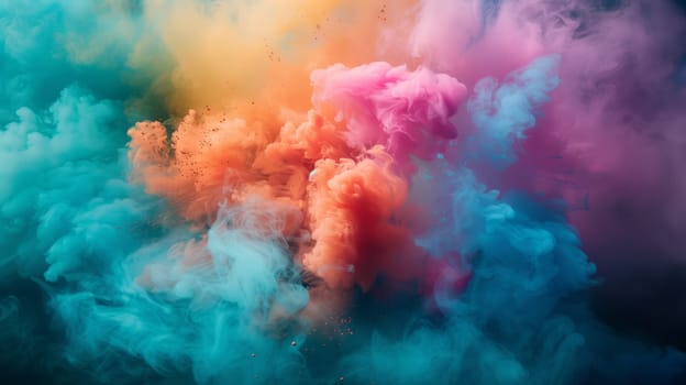 A swirling mass of colorful smoke resembling cumulus clouds in shades of magenta and electric blue is billowing out of the sky, creating a mesmerizing atmospheric phenomenon