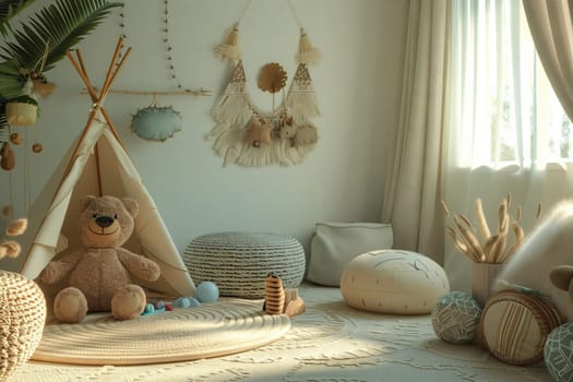 A teddy bear sits inside a wooden teepee in a childs room, creating a cozy and playful still life photography scene with a curtain, window, and table in the background