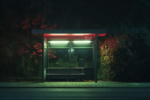 A bus stop is illuminated at midnight with trees in the background, casting tints and shades on the building facade and grass around the house