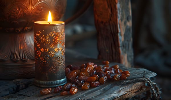 A candle illuminates a wooden table with a pile of dates, creating a warm ambiance. This still life photography captures the beauty of food and fire