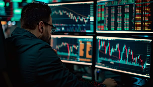 A man is seated in front of a computer monitor analyzing a stock chart. The technology is displayed on a shelf in the bookcase