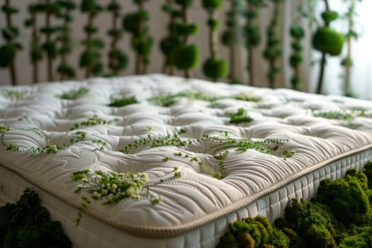 A terrestrial plant, moss, covers a mattress placed on a green rug. The contrast between the green plant and the wood flooring creates a harmonious urban design