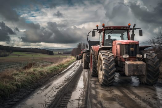 A red tractor with rolling tires is making its way down the muddy road, leaving deep tread marks behind as dark storm clouds fill the sky