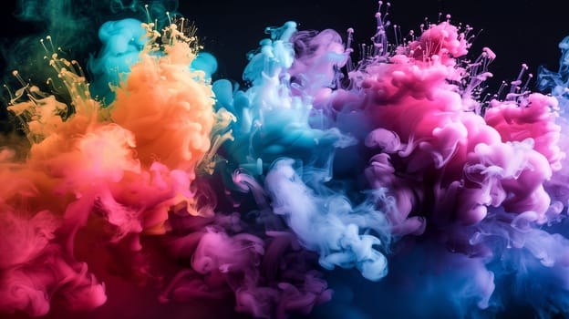 A mesmerizing art event featuring a vibrant display of purple, pink, violet, magenta, and electric blue smoke patterns rising from the water on a black background