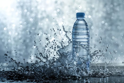 A plastic bottle of drinking water is spilling liquid onto a table, creating a natural landscape of tints and shades with the mineral water fluid