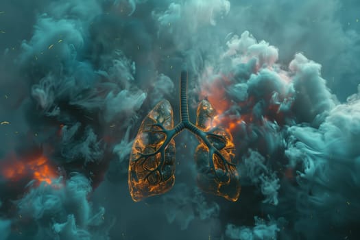 A close up image of a persons lungs underwater surrounded by smoke, illustrating the impact of pollution on marine biology and coral reefs