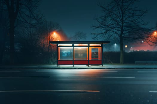 The bus stop is illuminated at night with automotive lighting, casting a warm glow on the asphalt road surface. A tree and a house can be seen in the background against the dark sky