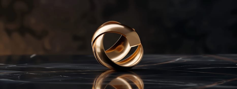 A close up of a gold ring, a luxurious piece of body jewelry, displayed on a wooden table with an electric blue background. Perfect for a fashion accessory event