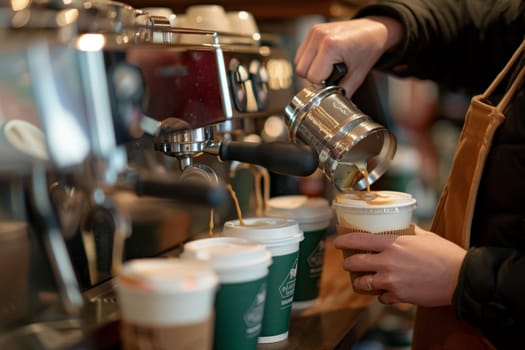 The person carefully pours milk from a pitcher into a cup of coffee, using their hand to stabilize the cup. This simple act is a key ingredient in this mornings coffee recipe