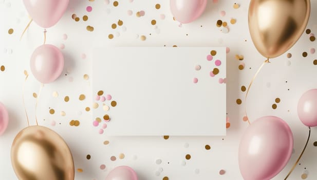 A white card is encircled by a festive display of pink and gold balloons, confetti, and a splash of magenta liquid. The vibrant display adds a touch of luxury and fashion accessory to the event