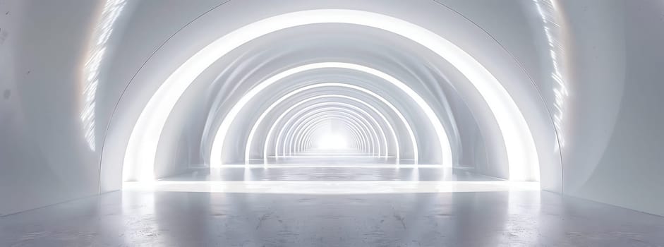 A gasfilled white tunnel with a symmetrical pattern on the ceiling leading to a bright light at the end, reminiscent of an art piece in monochrome photography