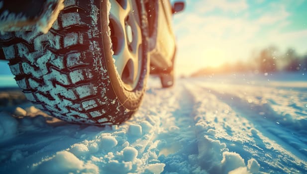 An automotive tire glides through the snowy landscape under an electric blue sky, creating a beautiful macro photography event during leisure travel