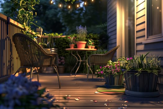 A porch featuring a table and chairs surrounded by potted plants, adding a touch of greenery to the buildings exterior