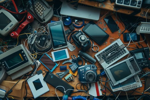 An array of electronic devices in electric blue color rests on a wooden table, creating a striking pattern of metal gadgets. The setup is perfect for a gaming or recreation event