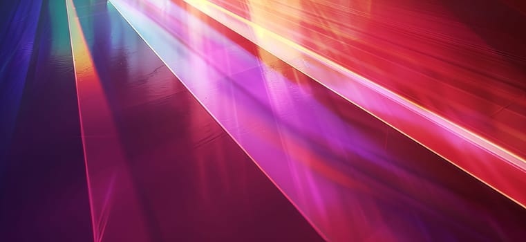 Vibrant hues of purple, magenta, and electric blue create a mesmerizing pattern in a closeup shot of a colorful light beam on a dark wood background