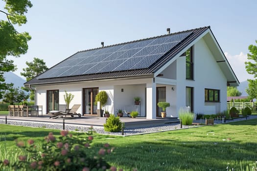 The white house features solar panels on the roof, blending in with the blue sky and green trees surrounding the building