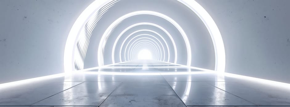 In the foggy tunnel, a circular pattern of electric blue automotive tires creates symmetrical beauty. There is hope at the end of the automotive wheel system