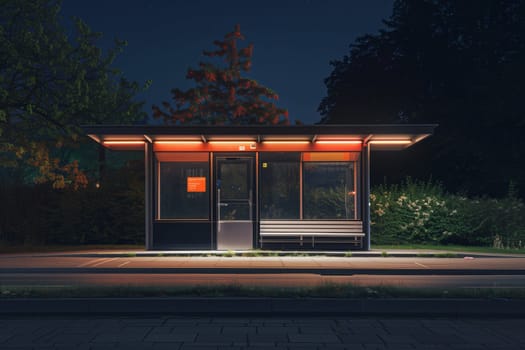 A bus stop illuminated at night with trees in the background, casting tints and shades on the asphalt. The buildings facade forms a rectangle against the dark sky