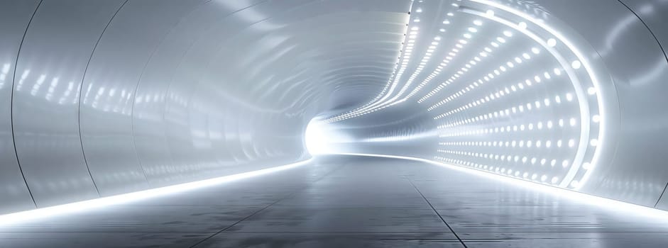 A futuristic tunnel illuminated with automotive lighting emitting electric blue hues and lens flare. The colors create a mesmerizing effect resembling a meteorological phenomenon