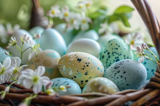 A basket filled with Easter eggs and flowers made from natural materials, showcasing the beauty of terrestrial plants and eggs as staple food ingredients