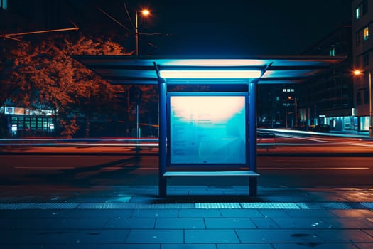 A bus stop in the city at midnight, illuminated by automotive lighting in electric blue and magenta colors. A sign on the building reads Entertainment with gas and electricity available