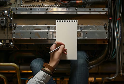 The person is jotting down notes about building engineering, gas supply, electrical wiring, and metal work for an upcoming event involving machines and wires