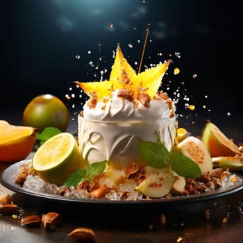 Delicious bowl of ice cream resting on wooden table. For various contexts such as food blogs, restaurant menus, social media posts promoting desserts, food delivery apps, bunner