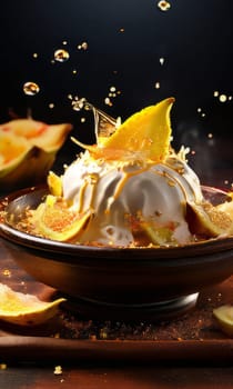 Delectable dessert with star-shaped of carambola design in center. For various contexts such as food blogs, restaurant menus, social media posts promoting desserts, food delivery apps, bunner