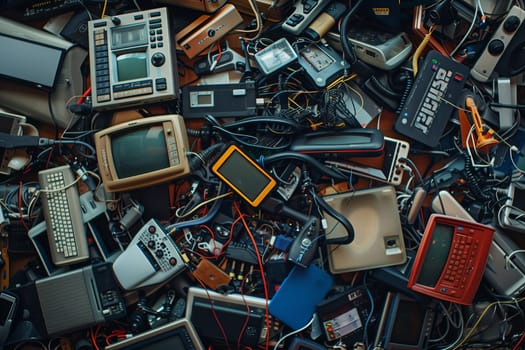 A stack of old electronic devices forms an artistic pattern of metal and electric blue hues, resembling a city skyline. An engineering marvel at a building event
