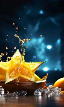 Dessert with star of carambola on top, bunch of fruit on side. For online cooking tutorials, food delivery apps, virtual cooking classes, digital restaurant menus, various contexts such as food blogs